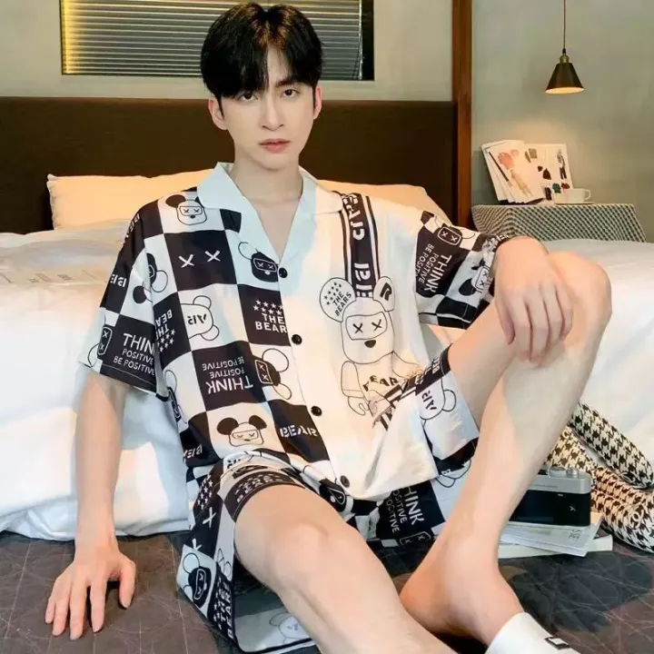 Large%20Size%20Men%20Pajamas%20Set%20Ice%20Silk%20Cartoon%20Bear%20Short-Sleeved%20Student%20Two-Piece%20Cardigan%20Lapel%20Smiley%20Letters%203xl%20Code%20Pajamas%20-%20Image%207