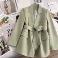 Traf Blazer Women Chic Jacket Medium Length Long Sleeved Overcoat Solid Color Lace Up Office Lady Topcoat  Autumn Winter Coat. 