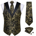 Men's Paisley Suit Vest with Macthing Golden Paisley Neck Tie Handkerchief Cufflinks Wedding Prom Tuxedo Waistcoat.
