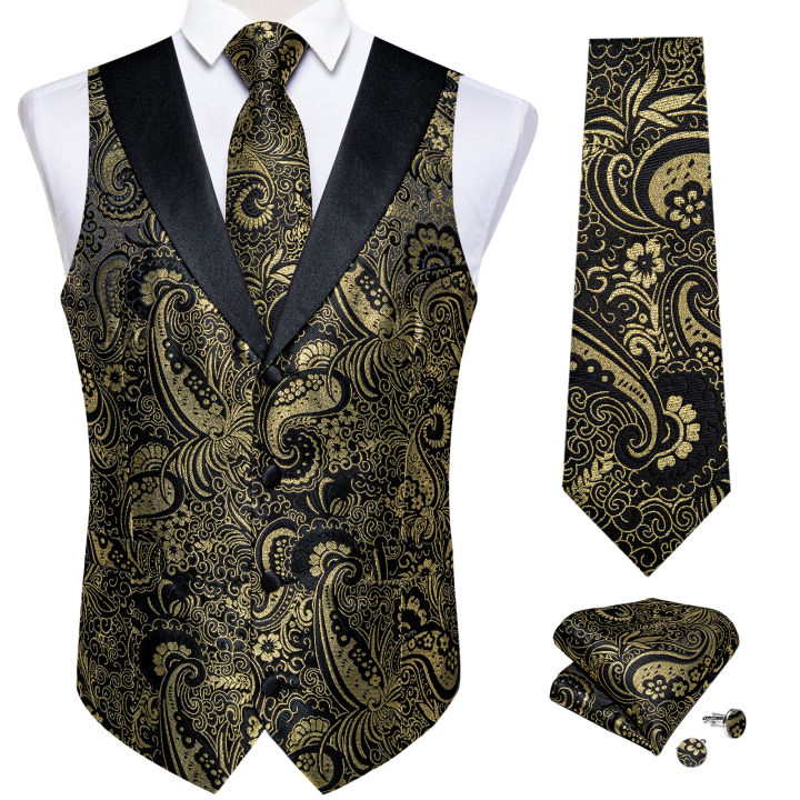 Men's Paisley Suit Vest with Macthing Golden Paisley Neck Tie Handkerchief Cufflinks Wedding Prom Tuxedo Waistcoat