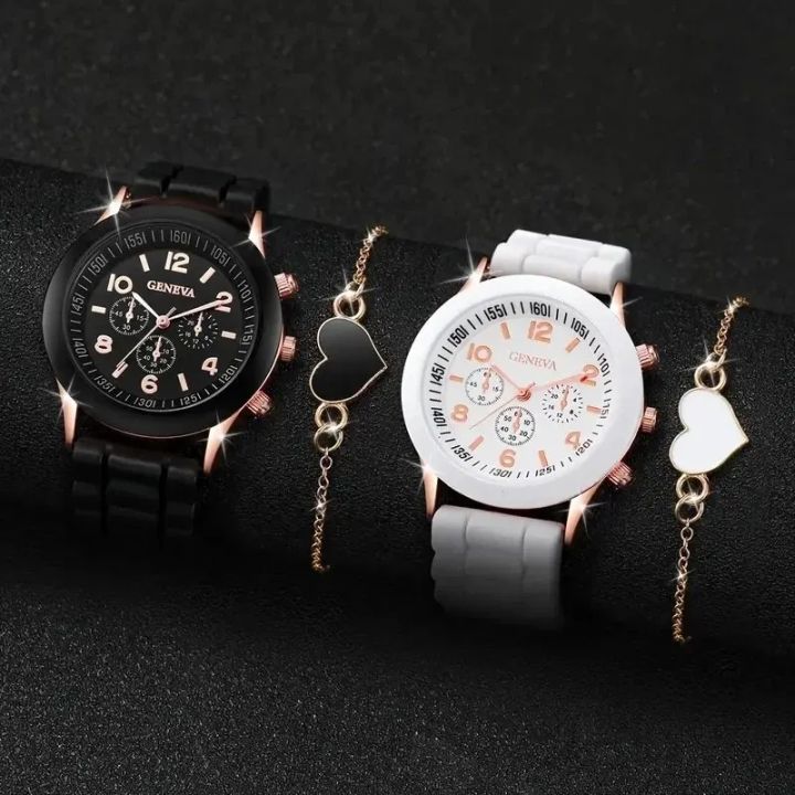 4pcs Fashion Simple Set Luxury Men Women Silicone Tape Quartz Watch for Silver Business Casual Bracelet Wristwatch