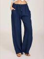 Women's Cotton Linen Pants Casual Loose Solid Elastic Waist Pocket Straight Trousers Ladies Oversize Wide Leg Pant Streetwear. 