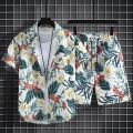 Floral Design Summer Beach Suit Men's Polo Shirt Oversized 3/4 Sleeves Shirt+shorts. 