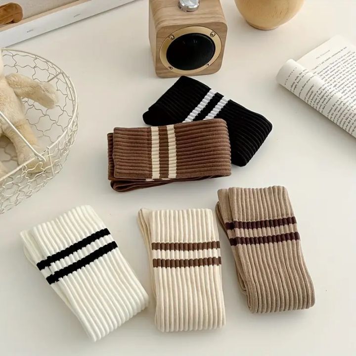 1/5%20Pairs%20Women%20Autumn%20Winter%20Striped%20Calf%20Socks%20Warmth%20Comfort%20Fashion%20College%20Jk%20Style%20Slimming%20High%20Tube%20Stacking%20Socks%20-%20Image%205
