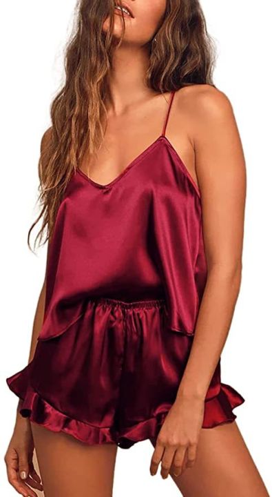 Sexy%20Silk%20Satin%20Pajama%20Set%20for%20Women%20%E2%80%93%20V-Neck%20Cami%20Top%20and%20Ruffled%20Shorts%20Bridal%20Lingerie,%20Perfect%20for%20Nightwear%20-%20Image%208