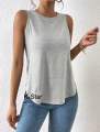 Solid Curved Hem Tank Top Grey Casual Collar Fabric Plain Tank Embellished Medium Stretch Women Clothing. 