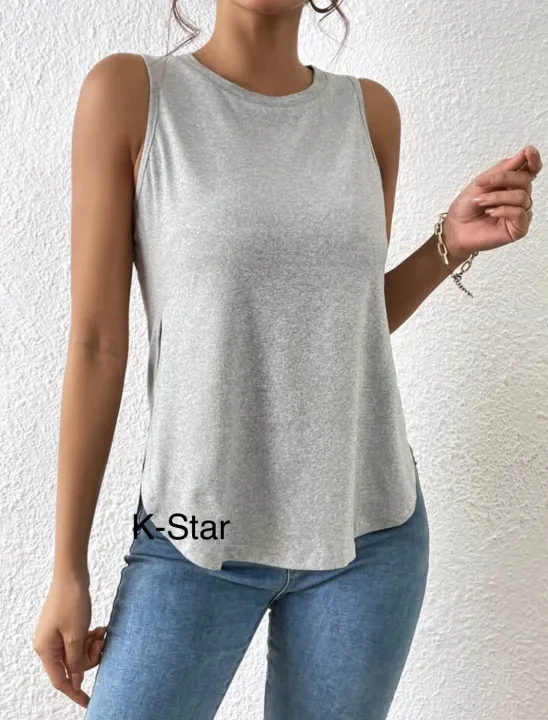 Solid%20Curved%20Hem%20Tank%20Top%20Grey%20Casual%20Collar%20Fabric%20Plain%20Tank%20Embellished%20Medium%20Stretch%20Women%20Clothing%20-%20Image%205