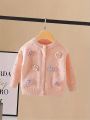 Girls' Embroidered Three-Dimensional Flower Cardigan Sweater, Baby Girl's Autumn Comfortable Soft Versatile Knit Jacket.