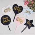 "Pack of 2 Premium Quality HBD Cake Toppers - Classic Colors with Golden Happy Birthday Writing in Heart, Circle, and Star Shapes". 
