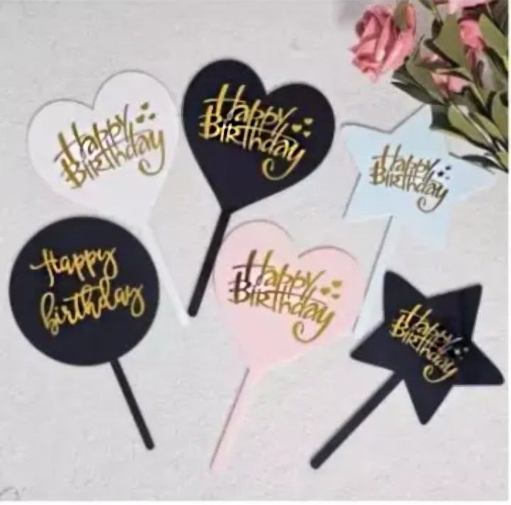 "Pack of 2 Premium Quality HBD Cake Toppers - Classic Colors with Golden Happy Birthday Writing in Heart, Circle, and Star Shapes"