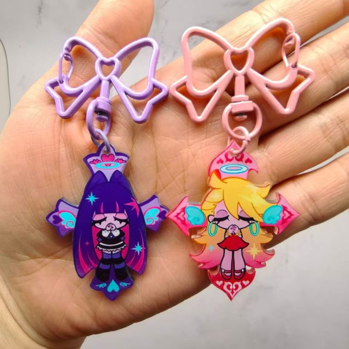 Anime Panty & Stocking with Garterbelt Bowknot KeyChain Kawaii Figure Acrylic Keyrings Backpack Pendant For Fans Christmas