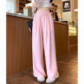 Summer Women Sweet Colorful Ice Silk Pants Lady Baggy Versatile Elastic Straight Leg Trousers Female Wide Leg High Waisted Pants.