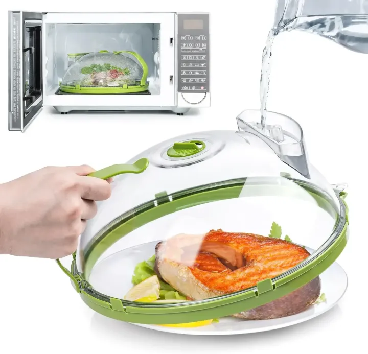 Microwave Cover for Food, Clear Microwave Splatter Cover with Water Steamer and Handle, 10 Inch Plate Covers, Kitchen Gadgets