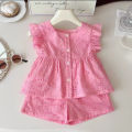 New Korean Style Girls' Summer Pink Cotton Suit Baby Hollow Small Flying Sleeve Top + Shorts Two-Piece Sweet Baby Girl Suit. 