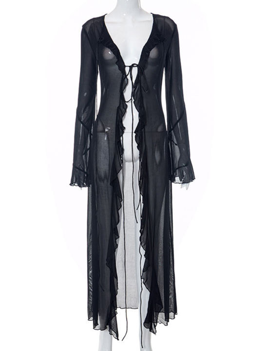 Hugcitar%20Mesh%20Solid%20Long%20Flare%20Sleeve%20Ruffles%20%20See%20Through%20Cardigan%20Lace%20Up%20Long%20Coat%20Women%20Fashion%20Clothes%20Streetwear%20Club%20-%20Image%206
