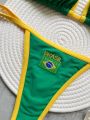 RUOTONSEPT  Embroidery Brasil Flag Contrast Split Bikini Set Women Swimwear Patchwork Swimsuit Hottie Outfit SummerBeachwear. 