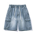 Retro Smoke Gray Cargo Denim Shorts Men's Knee Length Loose Jeans Big Pocket Design Elastic Waist Fashion Korean Casual Shorts.