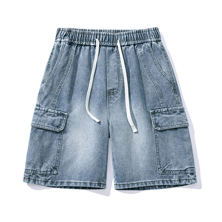 Retro%20Smoke%20Gray%20Cargo%20Denim%20Shorts%20Men's%20Knee%20Length%20Loose%20Jeans%20Big%20Pocket%20Design%20Elastic%20Waist%20Fashion%20Korean%20Casual%20Shorts%20-%20Image%203
