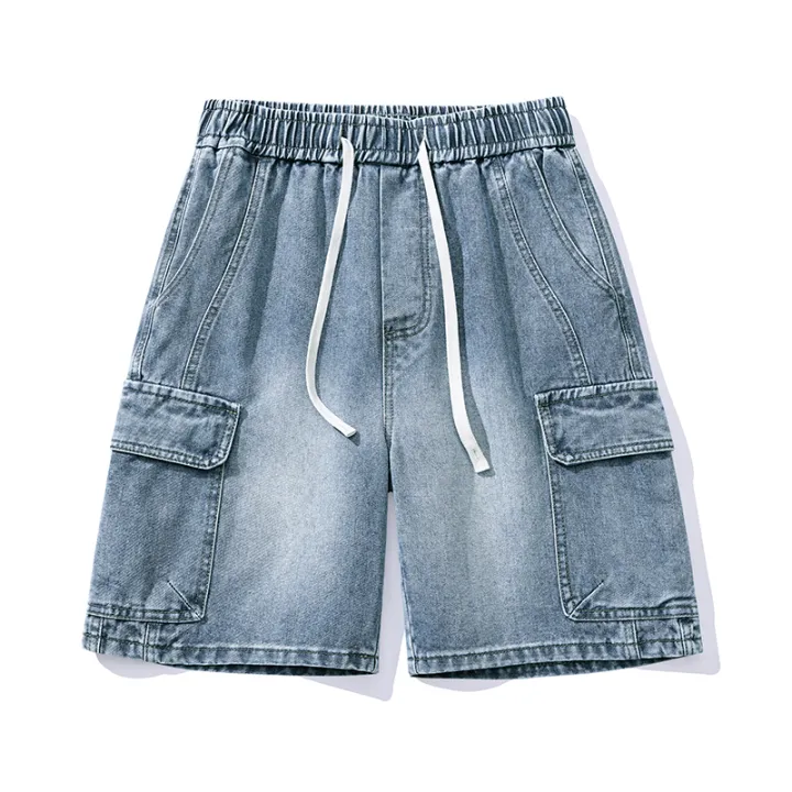 Retro%20Smoke%20Gray%20Cargo%20Denim%20Shorts%20Men's%20Knee%20Length%20Loose%20Jeans%20Big%20Pocket%20Design%20Elastic%20Waist%20Fashion%20Korean%20Casual%20Shorts%20-%20Image%203