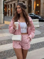 hh Women Trendy Polka Dot Two Piece Tracksuit Long Sleeve Crop Jacket & Shorts Set Casual High Street Summer Women Daily Outfit. 
