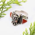 Pure Silver Bajra Design Ring With Natural Coral /Unisex/11.4 Gram. 