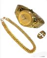 MEN'S FASHION WEDDING WATCH  DEAL TOP FASHION ORIGNAL RH  HIGH QUALITY GOLDEN LUXURIES STAINLESS STEEL ROUND DIAL WITH STAINLESS STEEL STRAPS WATCH WITH GOLDEN CHAIN BRACLET WITH TITANIUM STAINLESS STEEL GOLDEN RING FOR MEN AND BOYS. 