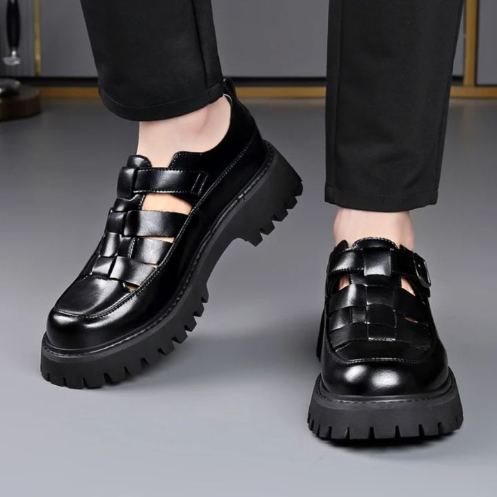 Men's Comfortable Sandals 2026 New Summer Wear Leather High-end Brand Hollow Hole Height Increased By 5cm Sandal Shoes