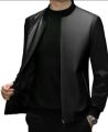 Black Regsein imported leather jacket zipper with fleece sleeves , unique style for mens. 