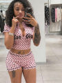 Kliou Polka Dot Print 2 Piece Set Woman Zip Turtleneck Short Sleeve Crop Tops+Skinny Shorts Street Fashion Style Outfits.