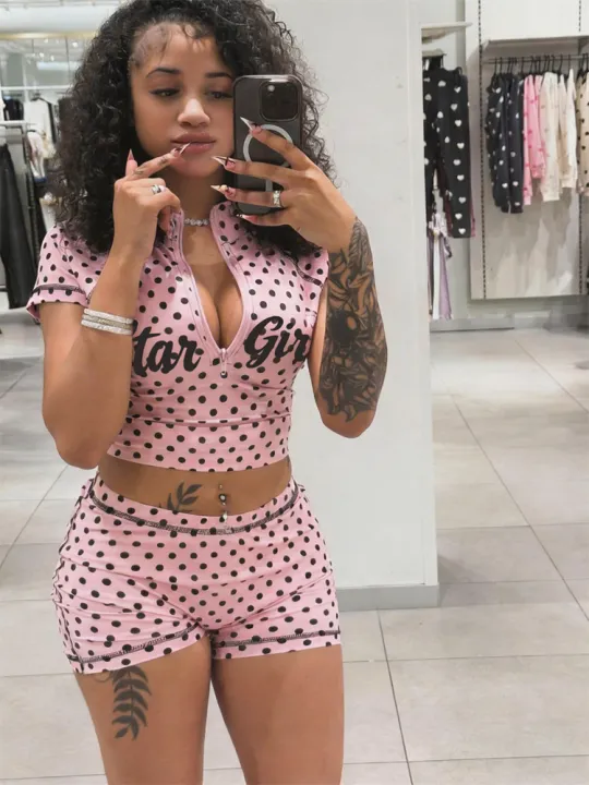 Kliou%20Polka%20Dot%20Print%202%20Piece%20Set%20Woman%20Zip%20Turtleneck%20Short%20Sleeve%20Crop%20Tops+Skinny%20Shorts%20Street%20%20Fashion%20Style%20Outfits%20-%20Image%203