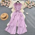Summer Vintgae Women Wide Leg Jumpsuit Female Elegant V-Nevck Sleeveless High Waist Slim Casual Bandage Romper New Fashion. 