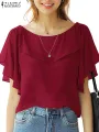 ZANZEA Women Chiffon Blouse Elegant Short Sleeve Shirt 2024 Summer Korean Fashion Solid Tops Tunic Casual Loose Ruffle Hem Blusa. 