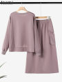 ZANZEA Plus Size Womens Fashion 2 Pieces Sets Long Sleeve Knotted Hem Sweatshirts and Midi Skirts 2pcs Outfits Casual Skirt Sets. 