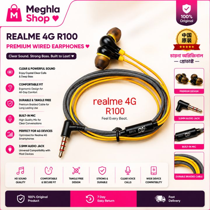 Realme R-100 4G Super Bass Stereo Earphone with built in Mic headphone - Headphone