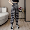Pants Women New Bunch of feet Fashion Loose Black Plaid Summer Harajuku Students Streetwear Harem Long Trousers Womens Chic. 