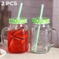 2pcs Glas Mansion Jar with Straw, 430 ml Set of 2, Mock Tail jar/Smoothie jar/Juice Jar (Random Color). 