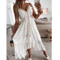 Summer New Lace Sling Big Swing Solid Color Long Skirt Dress Spring V-neck Sleeveless Beach Dresses Casual Chain Link Dress. 