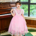 Girls Summer Mesh Dress Children Tulle Tutu Gown Kids Birthday A-Line Long Dresses 2025 Children Print Bow Short-sleeve Clothing.