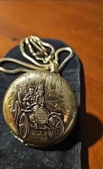 Vintage Bronze Car Themed Pocket Watch With Chain