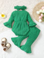 Baby girl autumn and winter casual fashion texture fabric round neck double-layer flared sleeves bow bow front jumpsuit and flar. 