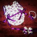 new born baby girl dress in purple color with hairband and shoes baby romper set 3 peace. 