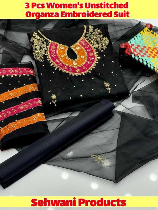3 Pcs Women's Unstitched cotton Silk Embroidered Suit