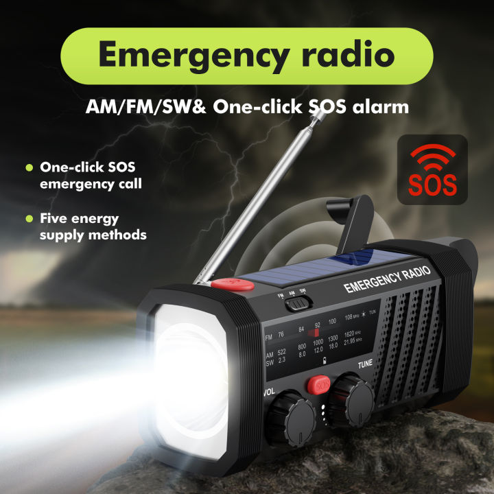 Emergency Radio with SOS Alarm, AM/FM/SW & Flashlight. 2000mAh Battery & Solar/Hand Crank Charging for Outdoor Survival.