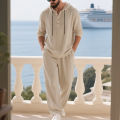 Cross-border Autumn Linen Men's Casual Suit Loose Hooded Henley Shirt Long Sleeve Pants Suit. 