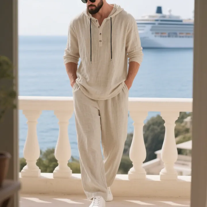 Cross-border%20Autumn%20Linen%20Men's%20Casual%20Suit%20Loose%20Hooded%20Henley%20Shirt%20Long%20Sleeve%20Pants%20Suit%20-%20Image%202