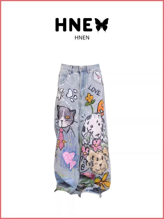 Doodle-printed%20Jeans%20American%20Casual%20Style%20Vintage%20Straight-cut%20Loose-fitting%20High-street%20Wide-leg%20Pants%20Y2k%20Baggy%20Jeans%20Ladies%20-%20Image%204
