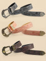 Western Style Printed Solid Color Pu Belt Buckle, Retro Casual Women's Belt, Classic Jeans Decorative Belt. 