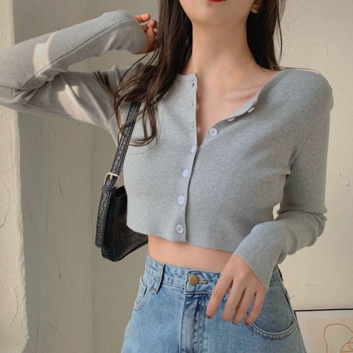 Autumn Spring Slimming Machine Short Top Cardigan Long Sleeve T-shirt One Size