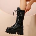 Winter 2024 New Women's Fashion Mid Tube Boots Lace Up High Platform Wedge Boots New Women's Fashion Solid Color Boots.