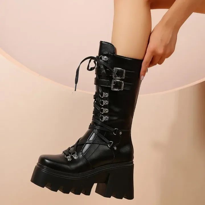 Winter%202024%20New%20Women's%20Fashion%20Mid%20Tube%20Boots%20Lace%20Up%20High%20Platform%20Wedge%20Boots%20New%20Women's%20Fashion%20Solid%20Color%20Boots%20-%20Image%205